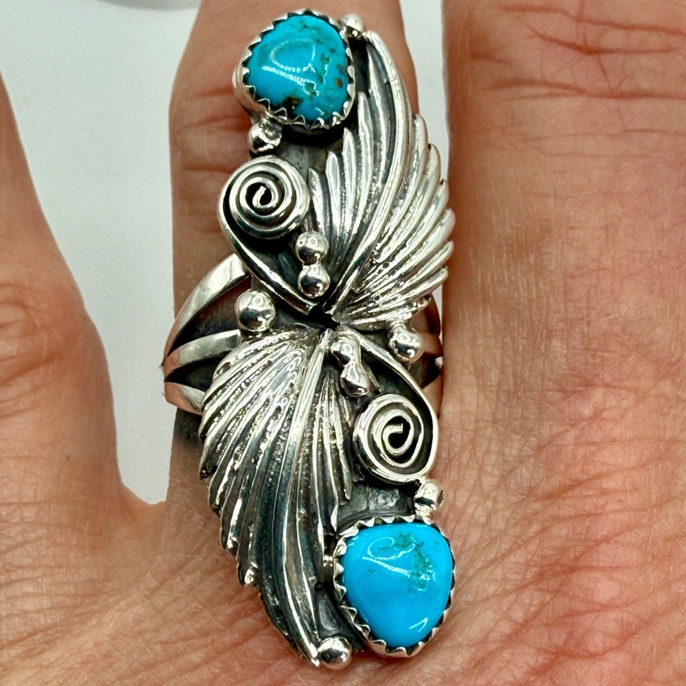 Vintage Native American Navajo Harris Largo Sterling Silver Ring with Turquoise - Picture 12 of 16